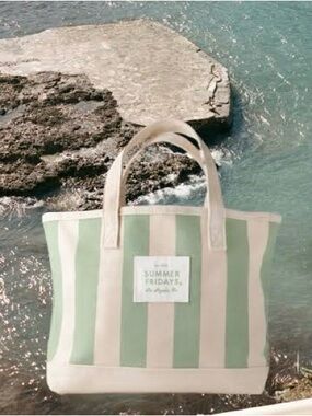 Summer Fridays Mint Green & Cream Striped Canvas Tote
